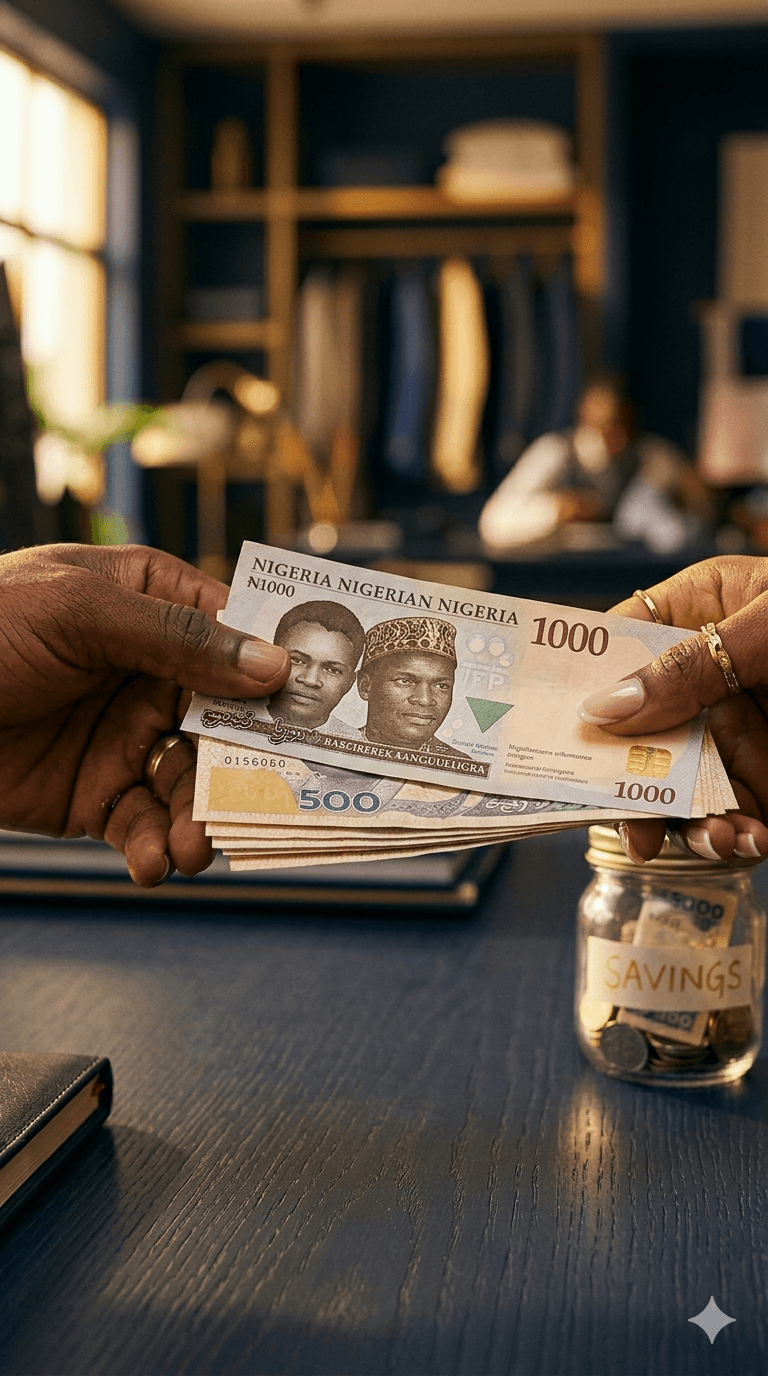 Hands exchanging naira notes with a savings jar on a counter