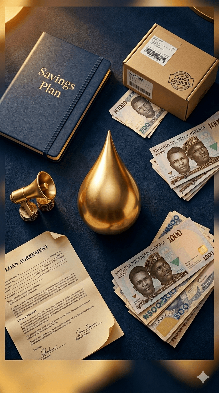 Savings plan book with gold teardrop and naira notes flat lay